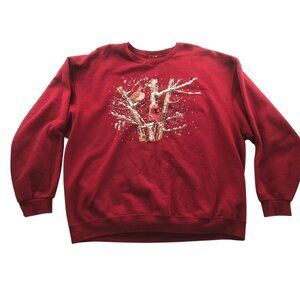 Vintage Womans Sweatshirt Large Crewneck Red Pullover Bird Graphic Print Casual